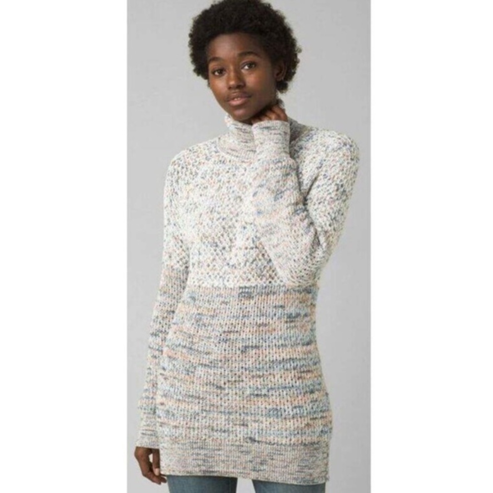 Prana Abelle Sweater Tunic Organic Cotton Blend Admiral Blue Tan Size Medium